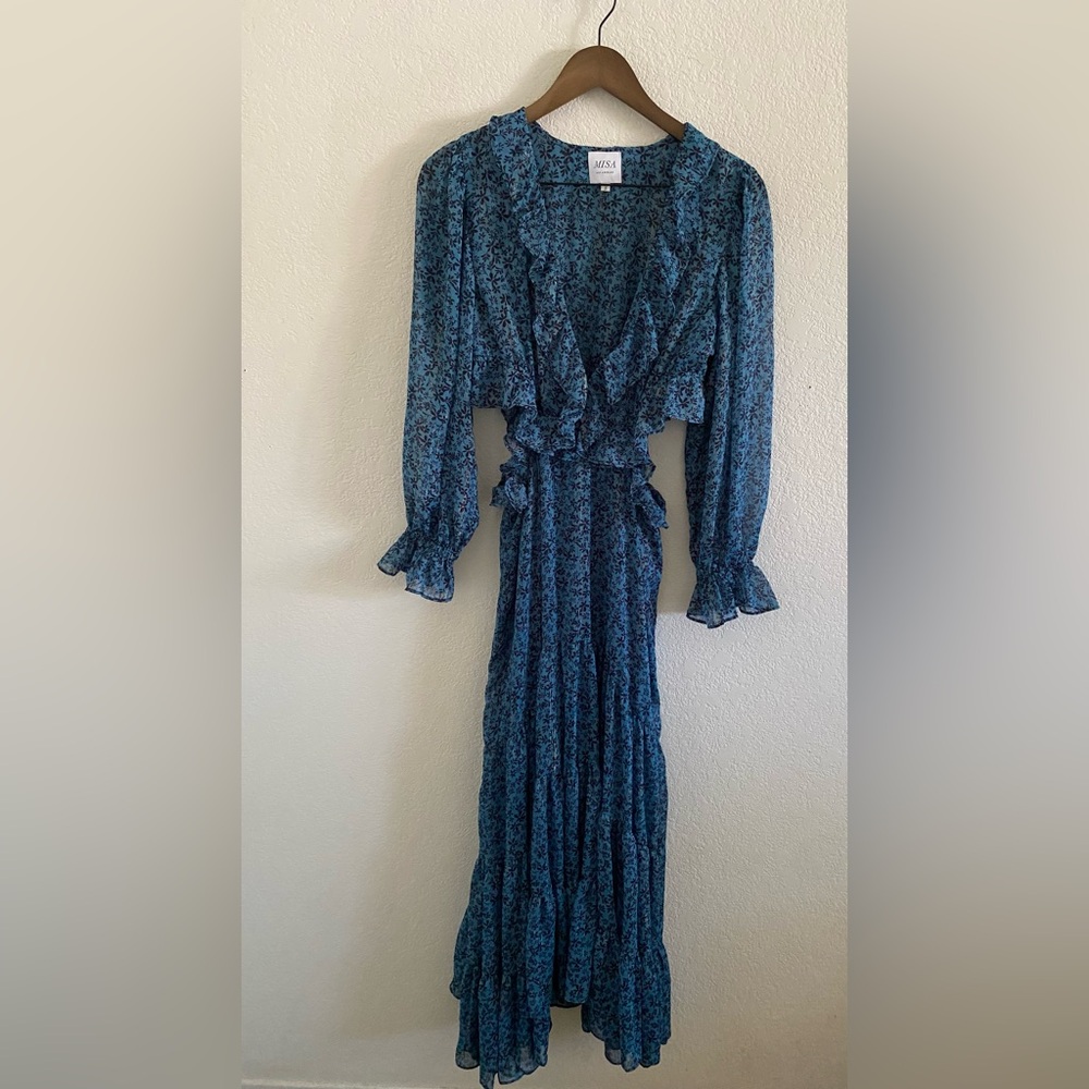 Misa Los Angeles Blue Amelia Floral Cutout Long Sleeve Chiffon Midi Dress Small